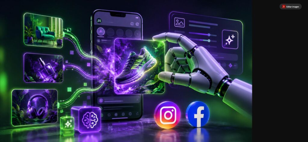 Mano robótica de IA generando variaciones de creatividades publicitarias para Instagram y Facebook